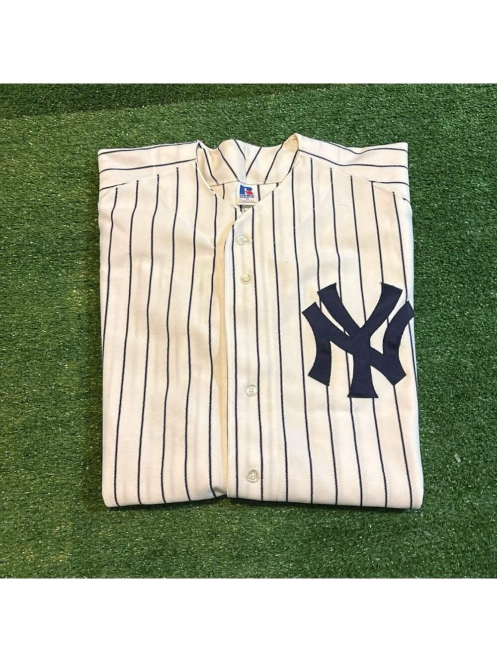 Vintage New York Yankees jersey mens XL white blue russell athletic pinstripe